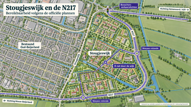 Toekomstimpressie van Stougjeswijk met de N217, nieuwe rotondes, een busverbinding en fietsroutes tussen groen en water.