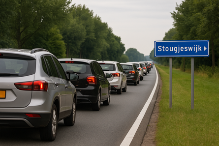 Verkeersdrukte richting Stougjeswijk op N217 – zorgen over bereikbaarheid nemen toe File op de N217 richting Stougjeswijk met afslagbord langs een provinciale tweebaansweg